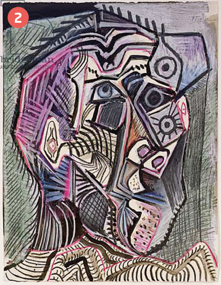 Pintura. Autorretrato com tons de preto, cinza, rosa e azul. Destaque para um rosto com formas geométricas formando os olhos, o nariz, as orelhas e a boca.