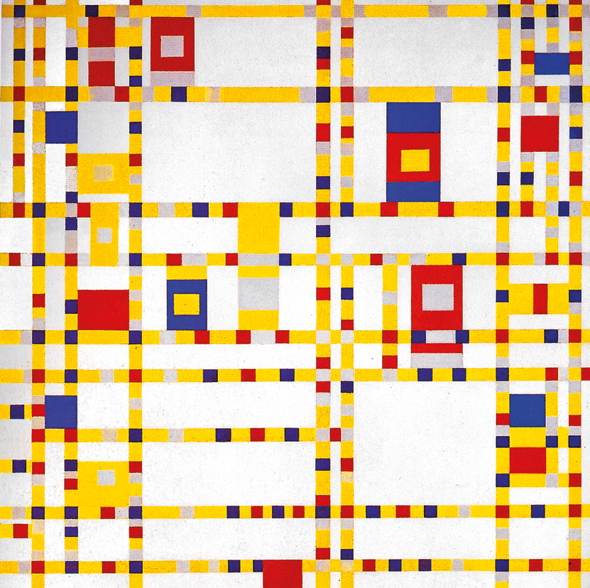 Pintura. Pintura abstrata em que predominam as cores quentes. A obra é formada por quadrados amarelos, vermelhos, azuis e brancos que são dispostos em linhas retas horizontais e verticais construindo, assim, formas geométricas ritmadas, como o quadrado e o retângulo.
