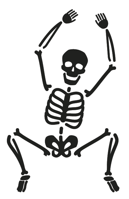 Ilustração. Um esqueleto em tons de preto com os braços levantados e as pernas dobradas para cima.