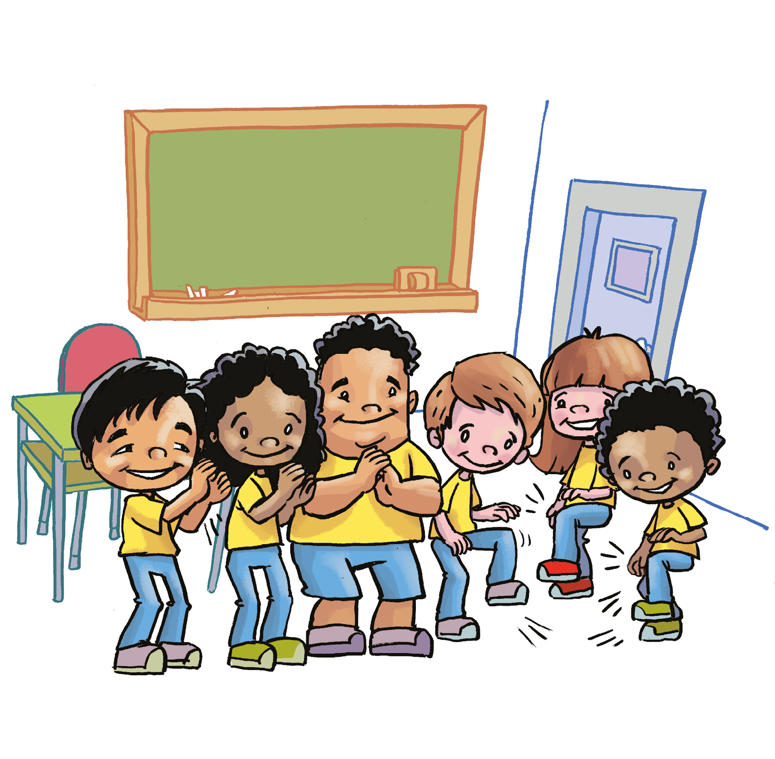 Ilustração. Diversas crianças usando uniforme com blusa amarela e calça azul estão de pé e sorrindo; à direita, três crianças estão dançando com a perna esquerda levantada. Ao redor, há carteiras, uma lousa e uma porta.