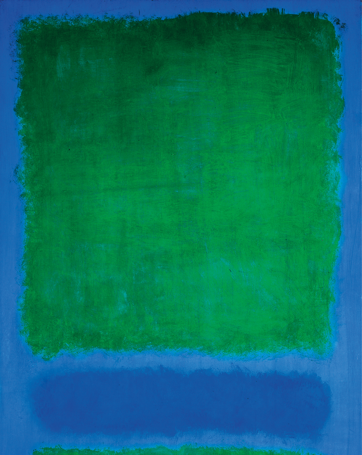 Pintura abstrata. Em um fundo azul escuro, há um quadrado verde na parte superior. Abaixo, bem no canto inferior central, há uma fina camada de verde. Entre ela e o quadrado, há uma mancha em tom mais escuro de azul.