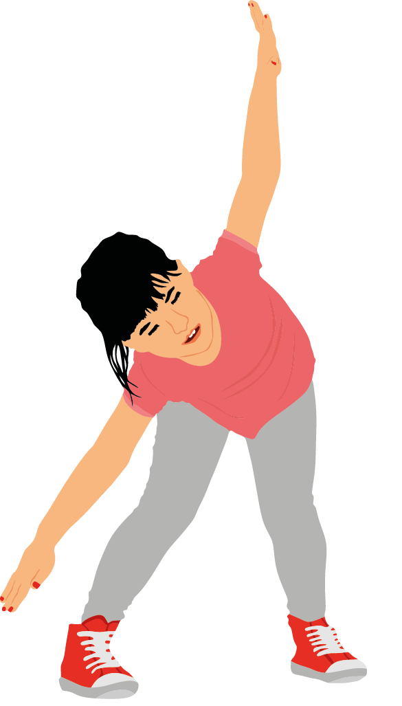 Ilustração. Uma menina de cabelo preto longo penteado para trás, usando camisa rosa, tênis vermelho, calça cinza, está com o tronco inclinado para a direita e o braço direito estendido ao lado do pé direito; o braço esquerdo está estendido para cima.