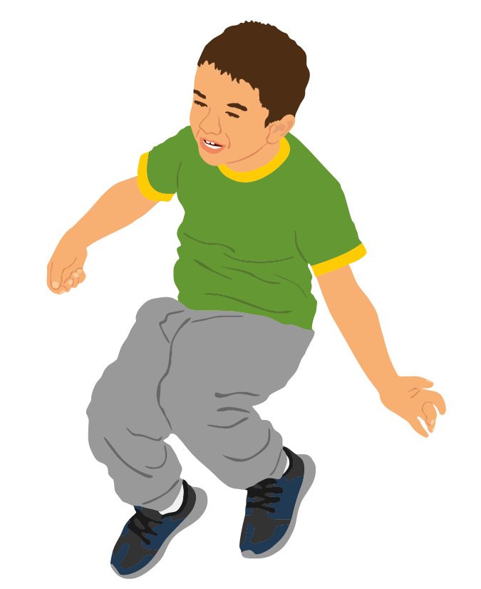 Ilustração. Um menino de cabelo castanho e curto, usando camiseta verde, calça cinza e tênis azuis, está saltando com os joelhos dobrados e os braços estendidos para baixo.
