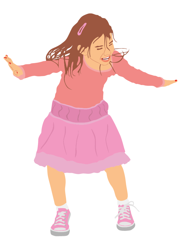 Ilustração. Uma menina de cabelo longo castanho, penteado para baixo, usando camiseta, saia e tênis em diferentes tons de rosa, está com as pernas afastadas e os dois braços abertos.