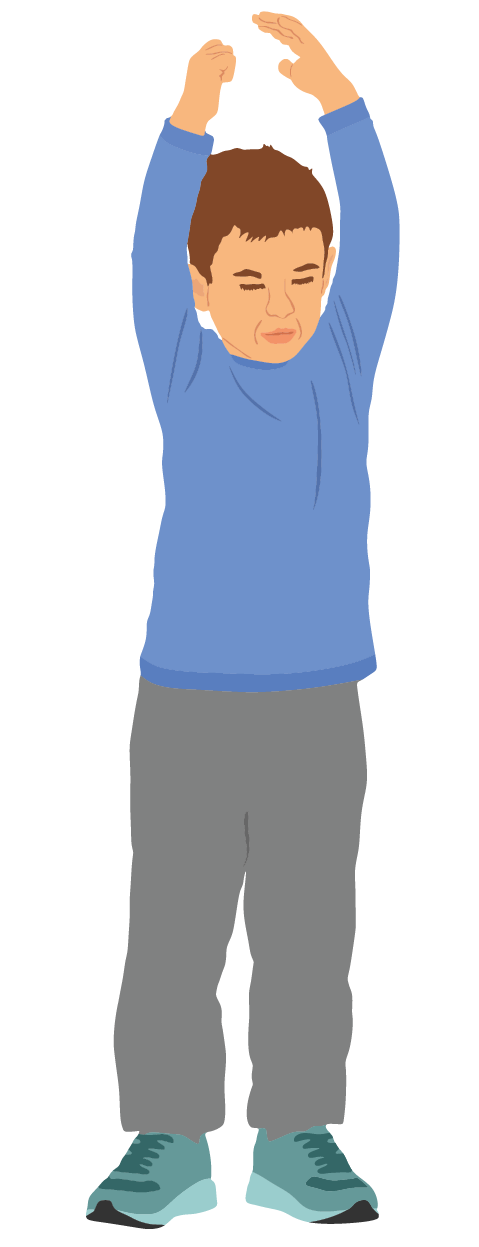 Ilustração. Um menino de cabelo castanho e curto, usando camiseta azul, calça cinza, tênis verdes, está em pé com as pernas juntas e os dois braços levantados.