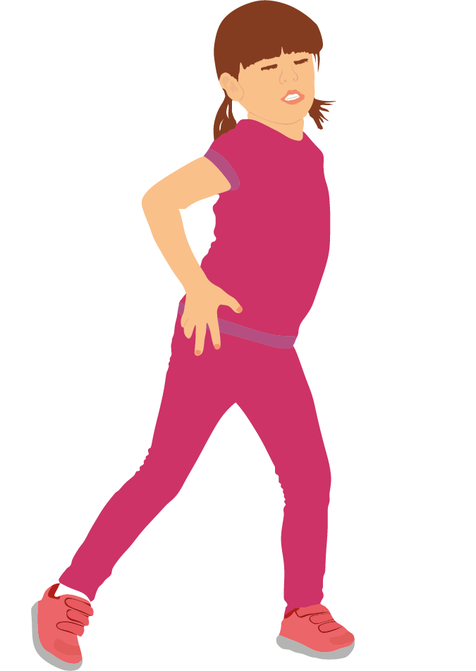 Ilustração. Uma menina de cabelo castanho penteado para trás, usando roupa vermelha, está com a perna esquerda flexionada para frente, o tronco inclinado para frente e as duas mãos na parte de trás da cintura.