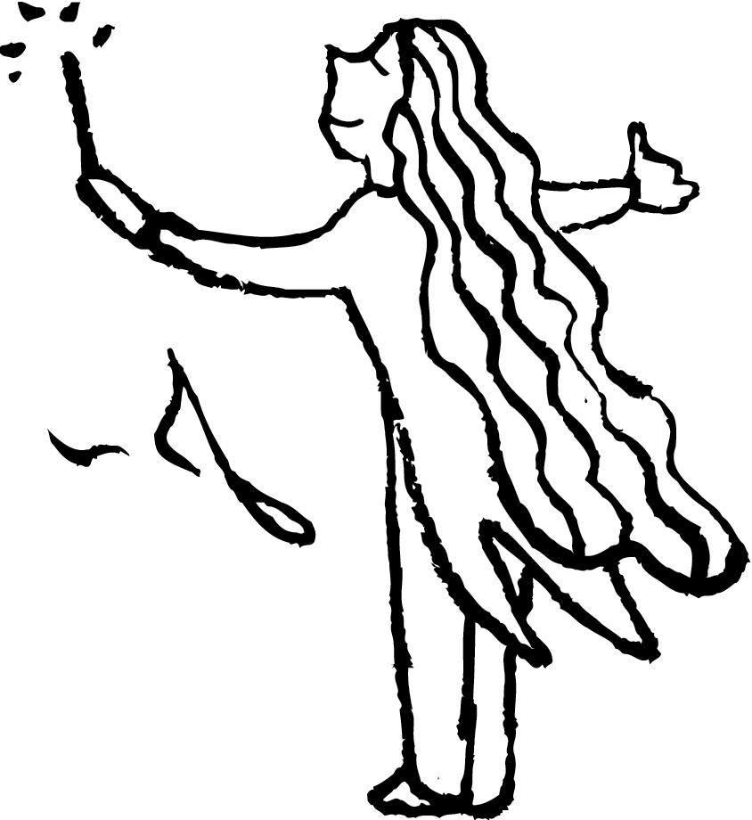 Ilustração. Uma mulher de cabelos ondulados compridos está com os braços abertos e segura uma batuta com a mão esquerda levantada.