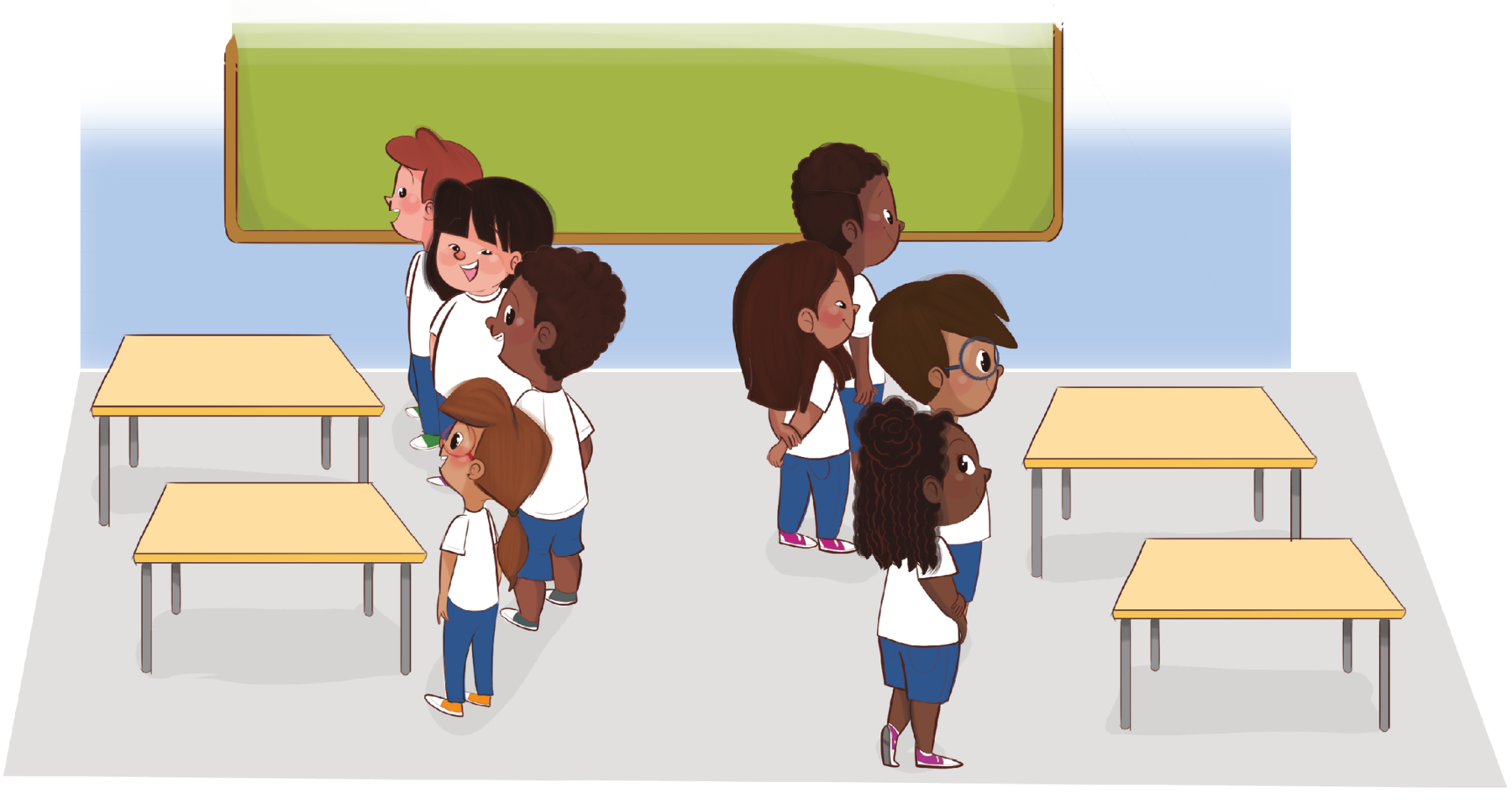 Ilustração. Dois grupos de crianças uniformizadas com camiseta branca e shorts azuis estão enfileiradas e de costas um para o outro. À frente de cada grupo, há duas mesas. Ao fundo, uma lousa verde.