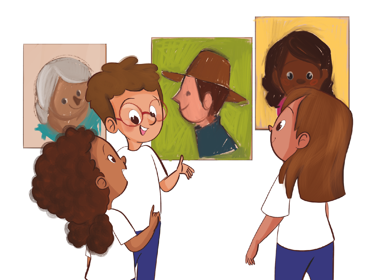 Ilustração. Um menino e  duas meninas usando uniforme de camiseta branca e shorts azuis estão em pé de frente para três quadros com desenhos e pinturas de rostos humanos; eles conversam e sorriem.