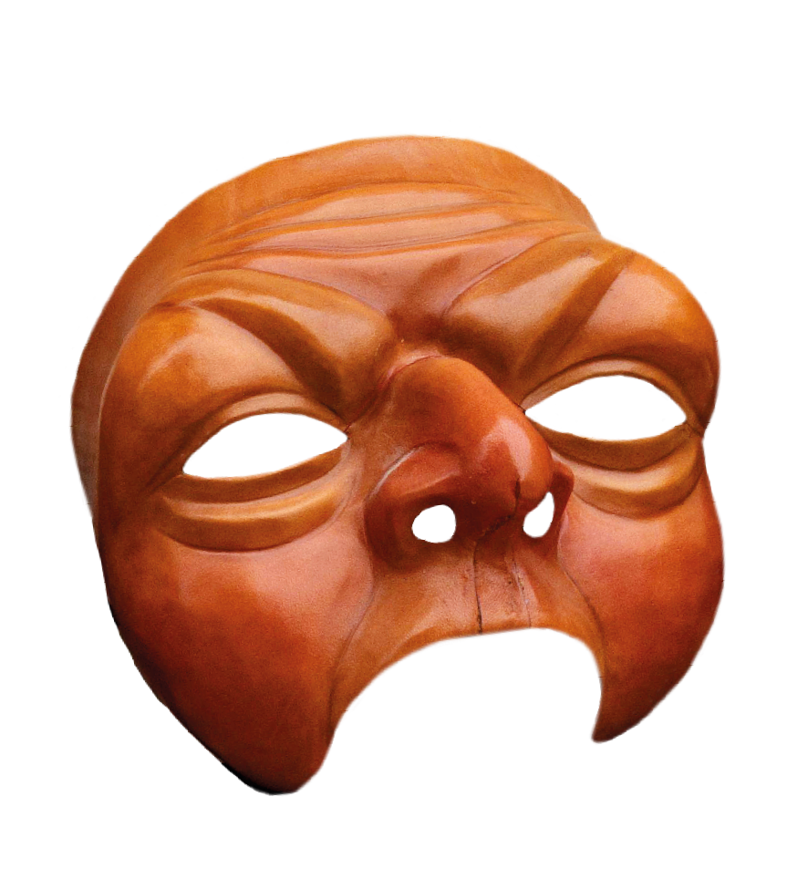 Ilustração. Uma máscara marrom com olhos arregalados, sobrancelhas arqueadas, nariz inclinado e boca aberta.