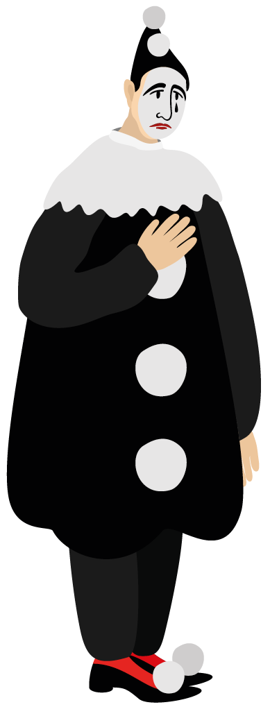 Ilustração. Um homem de máscara branca, chapéu pequeno e pontudo preto, usando roupa com gola caída e botões grandes brancos, sapatos pretos e vermelhos, está chorando com a mão direita no peito.