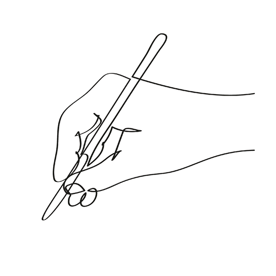 Ilustração. Em fio preto, destaque para uma mão segurando um lápis apontado para baixo.