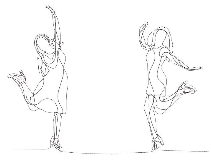 Ilustração. Em fio preto, duas mulheres em pé sobre uma perna e com os dois braços e uma perna levantados.