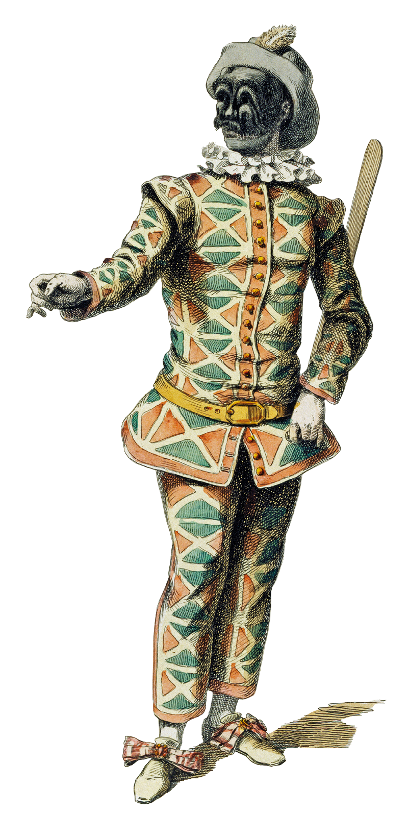 Ilustração. Um homem usando máscara escura sobre o rosto, chapéu cinza, roupa com formas triangulares em tons de verde e laranja, cinto amarelo. Ele está em pé com o braço direito estendido para frente e o esquerdo segurando um bastão.