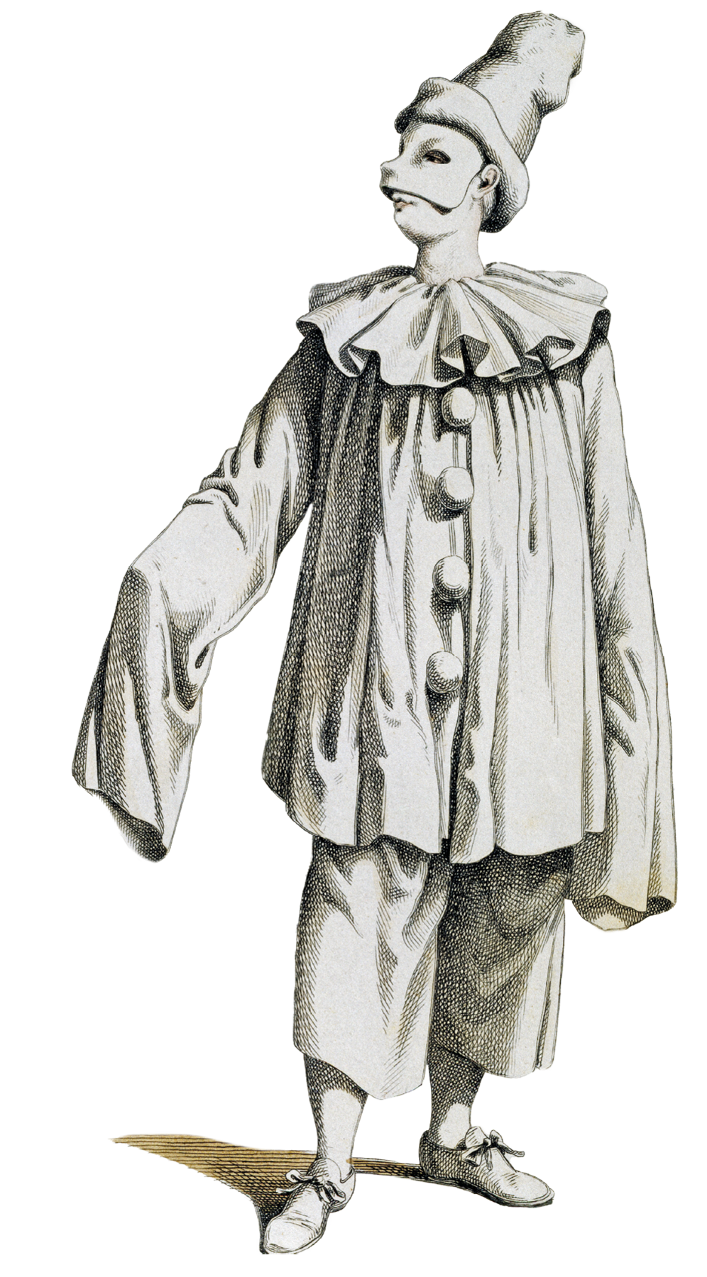 Ilustração. Um homem usando máscara, chapéu comprido, roupa larga com gola arredondada e as mangas sobrando. Toda sua vestimenta é branca. Ele está com o braço direito estendido para frente.