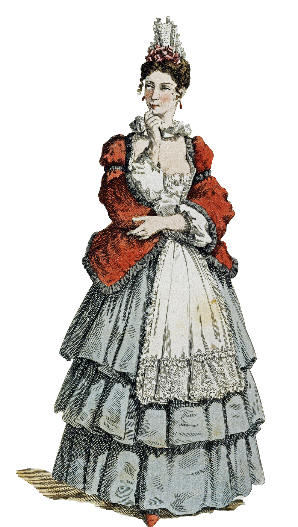 Ilustração. Uma mulher de cabelo encaracolado penteado para cima, usando um vestido branco  comprido e com babados na barra, um casaco vermelho. Ela está com o rosto inclinado para o lado e a mão direita apoiada no queixo.