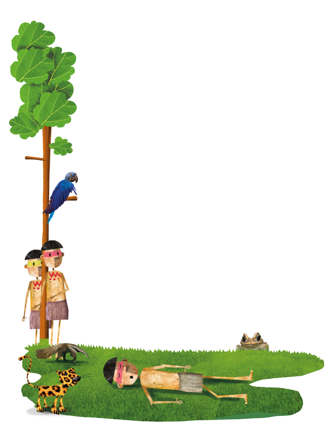 Ilustração. Na parte inferior, um menino indígena com cabelos pretos e liso, uma saia cinza e uma pintura rosa horizontal feita nos olhos. Ele está deitado e dormindo em um gramado verde. Ao redor dele, há uma onça, um sapo e um tamanduá. À esquerda da cena, uma árvore com tronco alto e folhas verdes; em um dos galhos, uma arara azul. Atrás da árvore, dois meninos indígenas observam aquele que está deitado no gramado.