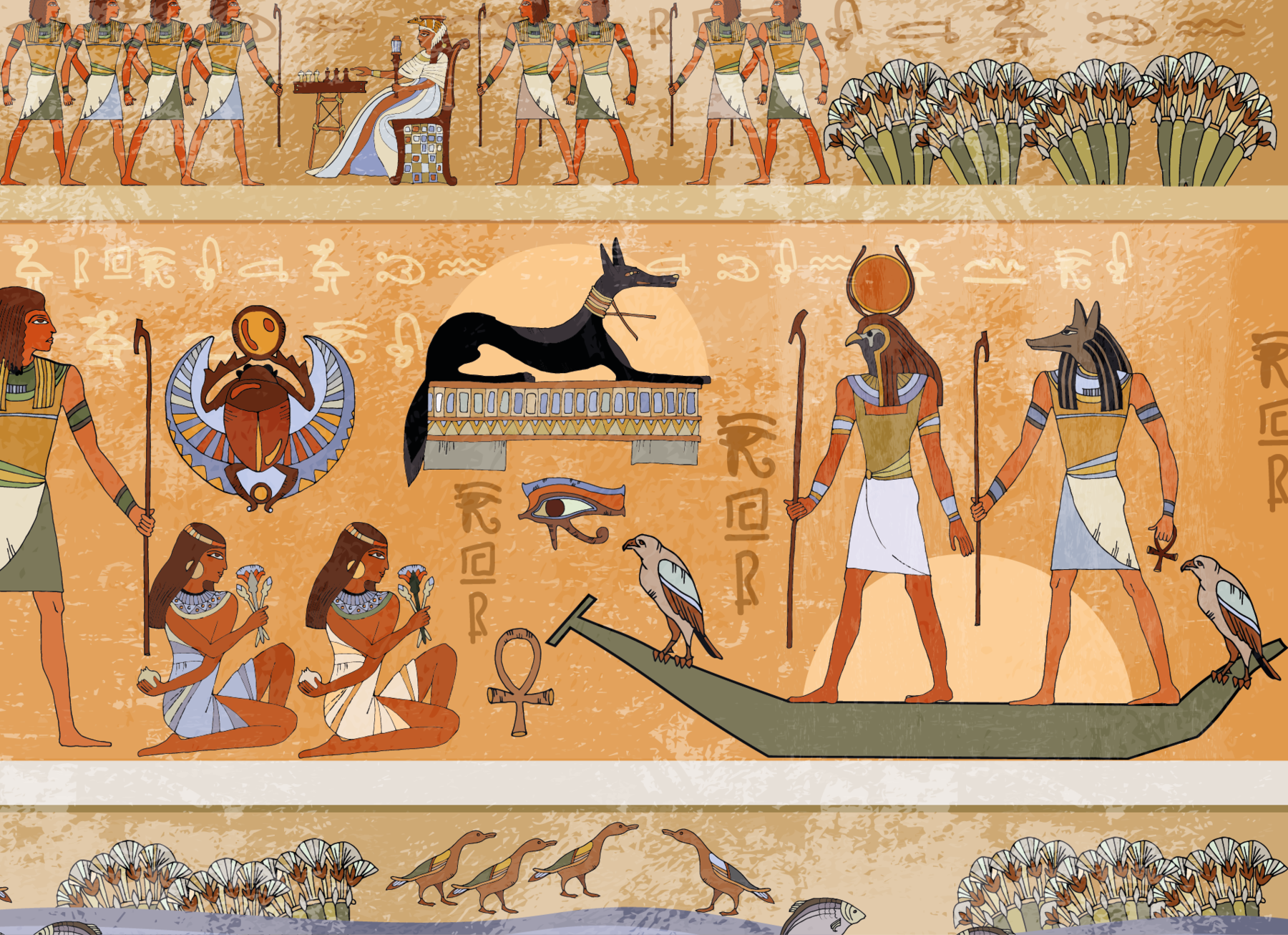 Fotografia. Hieróglifo egípcio em parede de pirâmide. Destaque para uma parede marrom dividida horizontalmente em três cenas. No centro da primeira cena, há uma pessoa com trajes em tons de bege e azul sentada em uma cadeira e diante de um jogo de tabuleiro. À sua frente e atrás dela, há alguns homens em pé; três deles seguram um cetro. Na cena seguinte, à direita, há duas divindades egípcias em pé e segurando um cetro sobre uma embarcação em cujas pontas há duas aves. À sua frente, há duas mulheres sentadas segurando flores e um homem em pé. Nos espaços entre as cenas, há um cachorro preto e alguns símbolos egípcios, como um ankh (cruz com um laço), um olho de Hórus, um escaravelho. As pessoas são representadas com olhos e troncos vistos de frente; cabeças, pernas e pés vistos de perfil. Na última cena, há algumas flores, aves e um peixe.