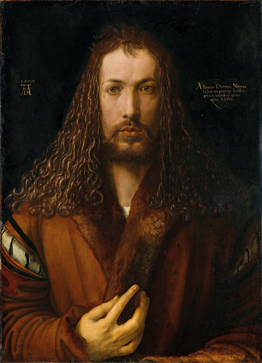 Pintura. Autorretrato realístico de Albrecht Dürer. Há pontos de luz no rosto e nas mãos. Ele usa barba e tem cabelos longos até os ombros. As sobrancelhas são finas, o nariz é comprido e os lábios são finos. Há tons em preto e marrom no fundo da imagem, nos cabelos e na vestimenta.
