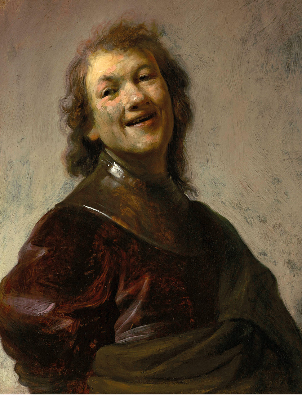 Pintura. Um dos autorretratos realísticos de Rembrandt van Rijn. Em tons escuros de marrom e bege, destaque para um homem em plano médio de cabelo liso na altura do pescoço, de sobrancelhas finas, nariz e lábios pequenos; ele está de frente com o rosto inclinado para o lado e sorrindo.