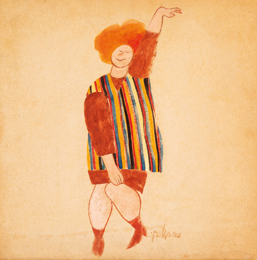 Pintura. Uma mulher de cabelo laranja penteado para cima, usando camisa com listras verticais coloridas, saia e sapatos laranjas; ela está com a mão esquerda levantada e sorrindo.