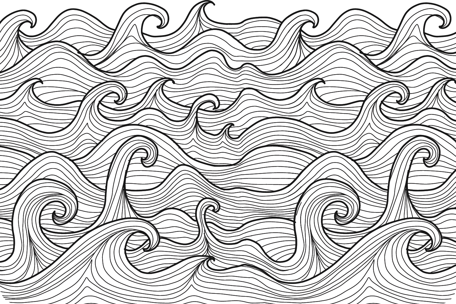 Ilustração de um mar com ondas pontudas feitas com linhas finas e onduladas.