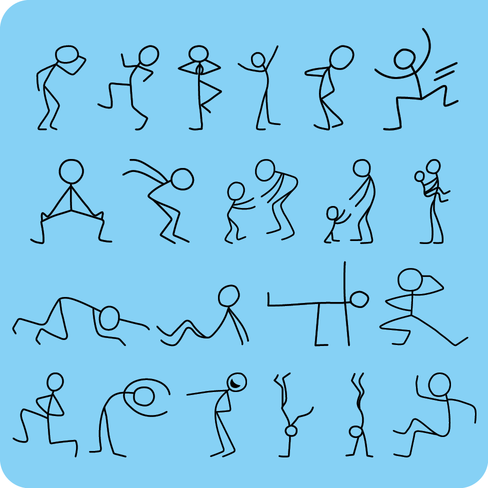 Ilustração. Um quadrado azul com diversos desenhos de linhas finas com forma humana mexendo os braços, pernas e fazendo poses.