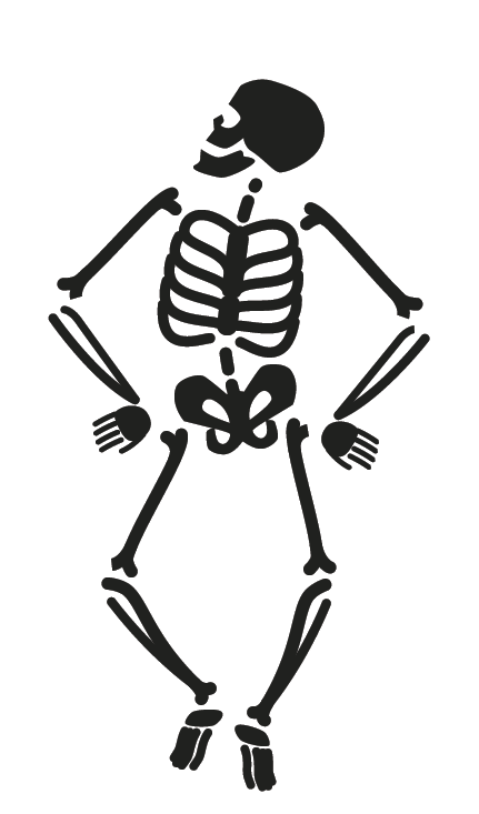 Ilustração. Um esqueleto em tons de preto com a cabeça virada para o lado, as mãos na cintura e os joelhos levemente flexionados.