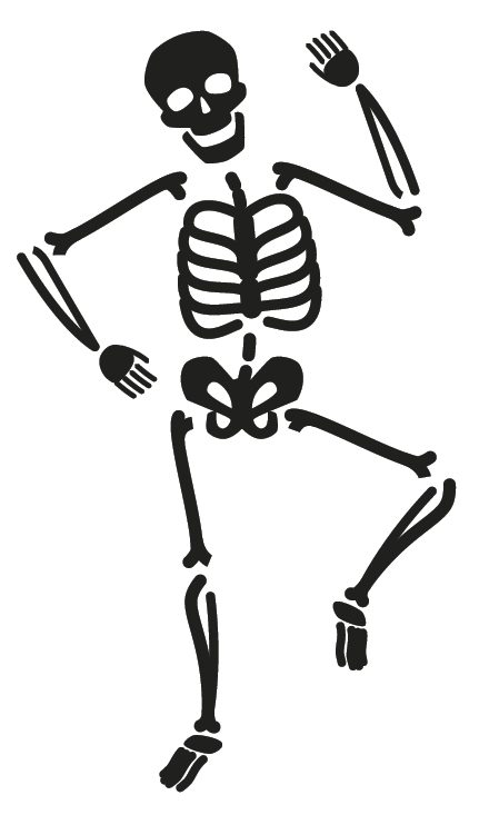 Ilustração. Um esqueleto em tons de preto com a mão direita na cintura, a perna esquerda levantada e a mão esquerda levantada.