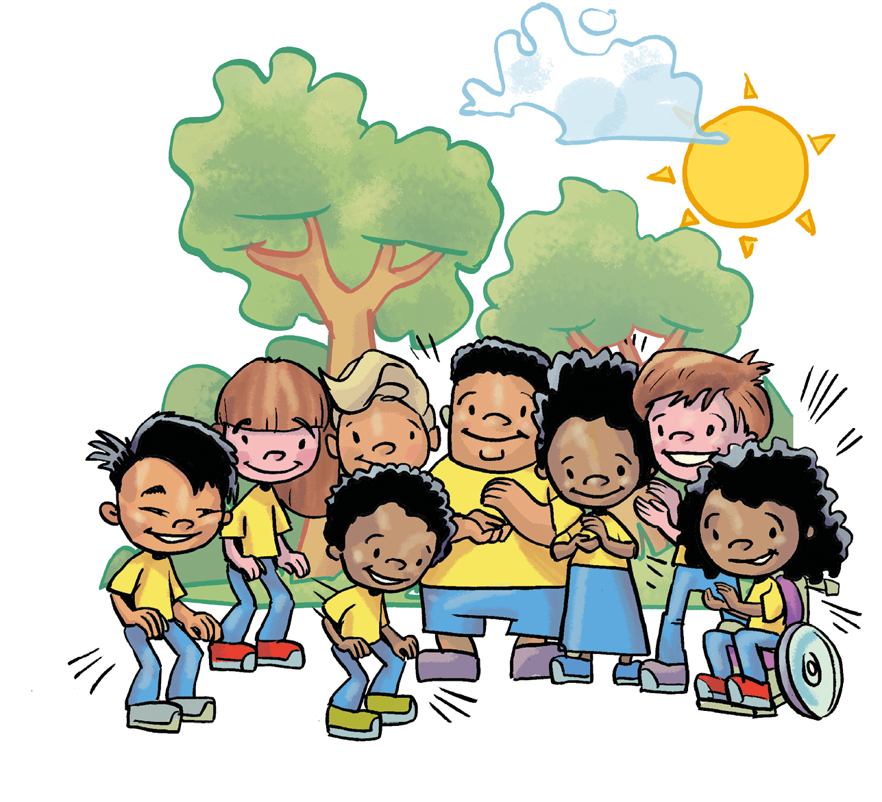 Ilustração. Diversas crianças usando uniforme com blusa amarela e calça azul estão em pé e sorrindo; no canto direito, há uma menina sorrindo e batendo palmas; ao centro, um menino dança. Ao fundo, há árvores, nuvens e o Sol.