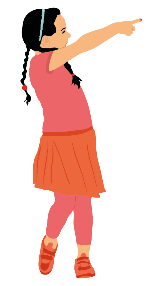 Ilustração. Uma menina de cabelo preto penteado com tranças, usando camiseta e calça rosa, saia e tênis laranja, está em pé com o joelho direito levemente flexionado, o tronco virado para a esquerda e o braço direito estendido para frente com o dedo indicador apontando para frente.