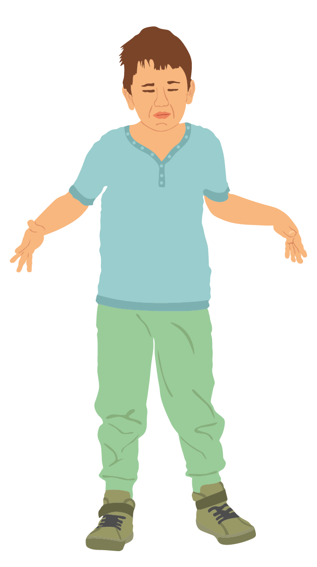 Ilustração. Um menino de cabelo castanho e curto penteado para frente, usando camiseta azul, calça verde e tênis cinza, está com os dois cotovelos flexionados, os braços levemente estendidos para o lado e as mãos inclinadas para baixo.