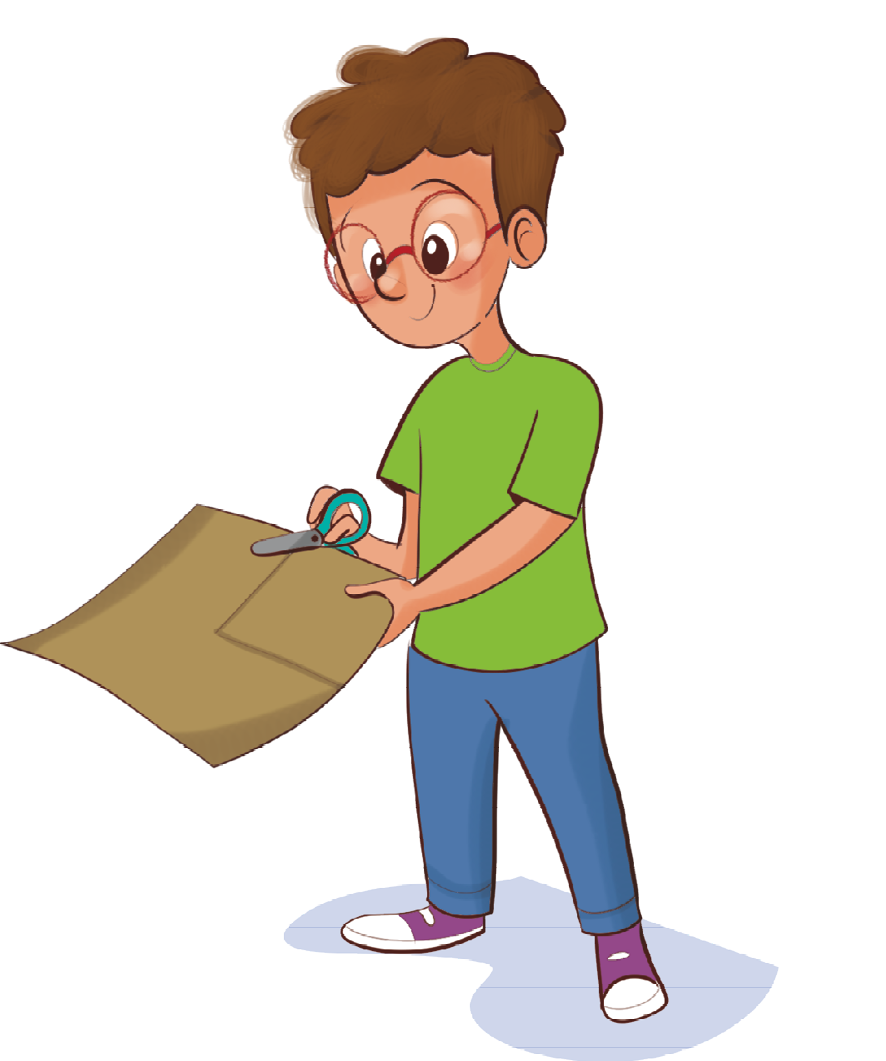 Ilustração. Um menino de cabelo castanho e curto, usando óculos redondo, camiseta verde, está em pé e segura uma tesoura apontada na direção de uma cartolina marrom; no canto da cartolina há uma marcação com formato de um quadrado médio, aproximadamente um quarto da folha.