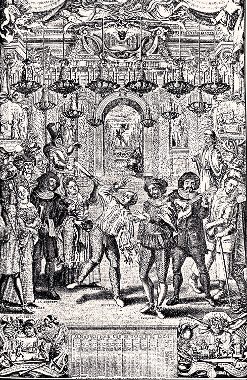 Gravura. Em preto e branco, destaque para cinco pessoas no centro de uma sala, usando roupas e fantasias. Acima, há lustres e um teto luxuosamente oramentado.