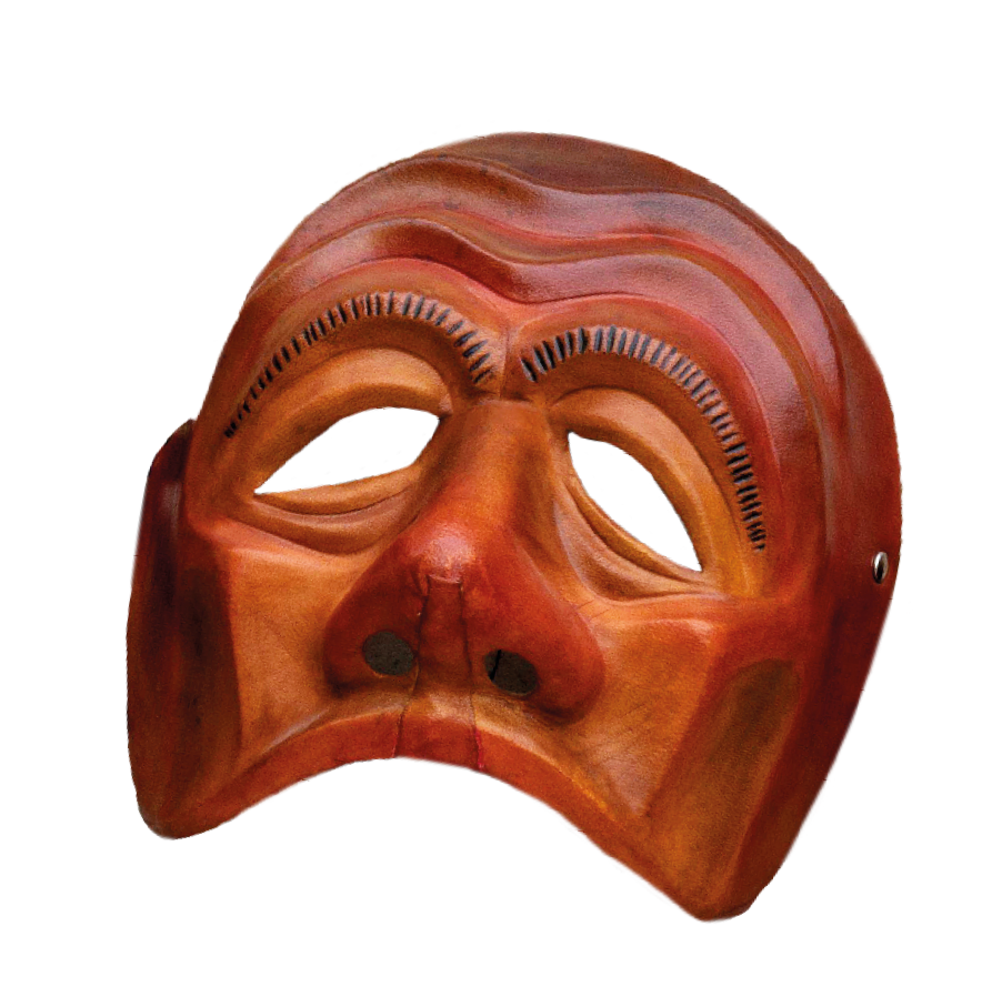 Ilustração. Uma máscara marrom com olhos inclinados na diagonal, sobrancelhas grossas e nariz pontudo.