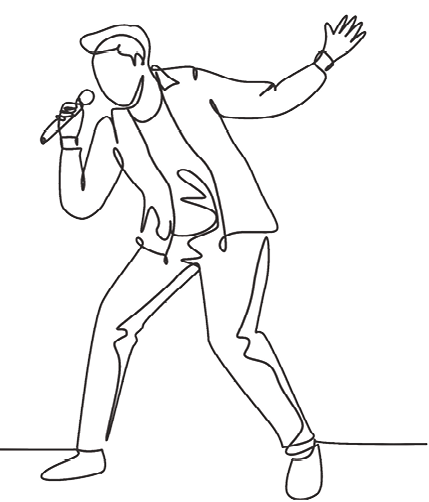 Ilustração. Em fio preto, um homem usando casaco, calça, segurando um microfone na frente da boca e com a mão esquerda levantada.