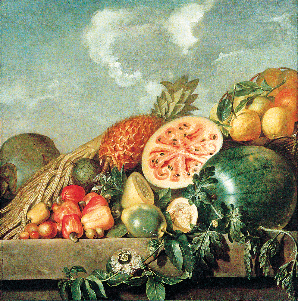 Pintura. Em tons predominantes de verde, vermelho e amarelo, destaque para uma mesa marrom com diversas frutas acima: caju, abacaxi, laranja, maracujá, melão, pera, melancia.