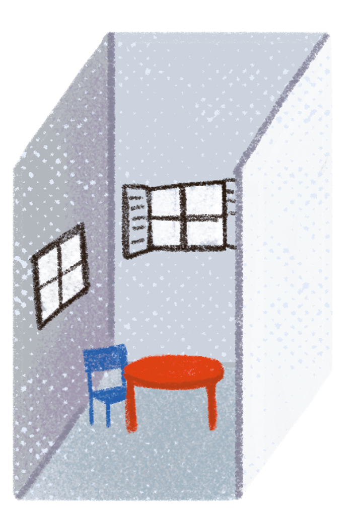 Ilustração. Maquete de cenário construída em uma caixa com formato retangular vertical, com a aresta superior suprimida. No cenário, as paredes são cinza e há duas janelas pretas abertas, uma mesa vermelha e uma cadeira azul.