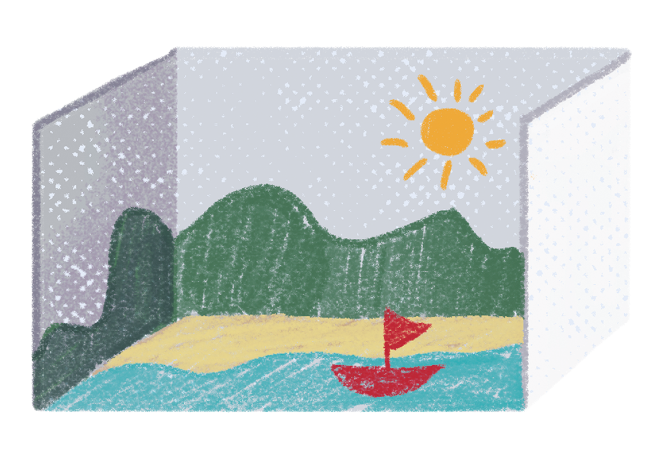 Ilustração. Maquete de cenário construída em uma caixa com formato retangular horizontal com a aresta superior suprimida. Em destaque um barco vermelho velejando no mar. Ao fundo, areia de praia, vegetação verde e uma sol radiante.