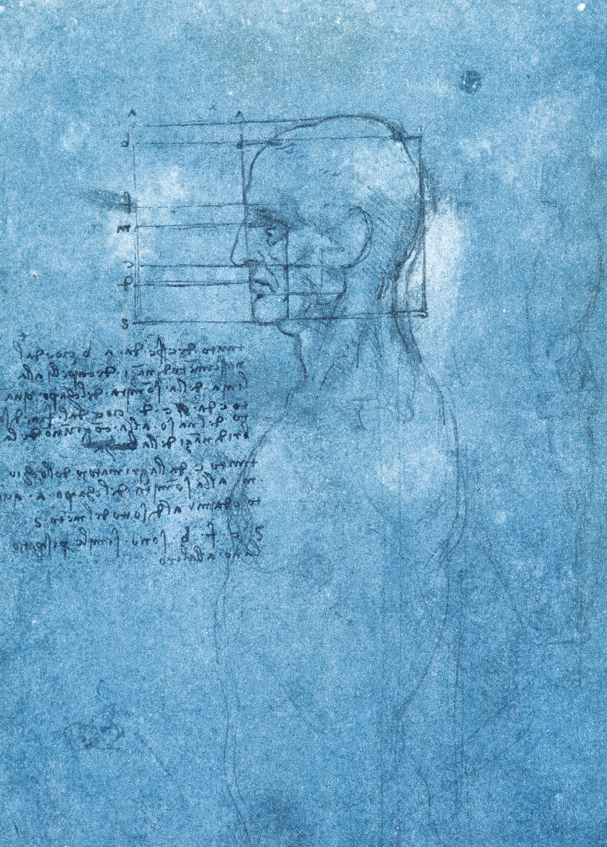 Desenho. Sobre uma folha azulada há traços finos de lápis retratando uma figura humana vista de lado; sobre seu rosto, há linhas que se cruzam formando quadrados e retângulos. Na parte inferior esquerda, há um texto.