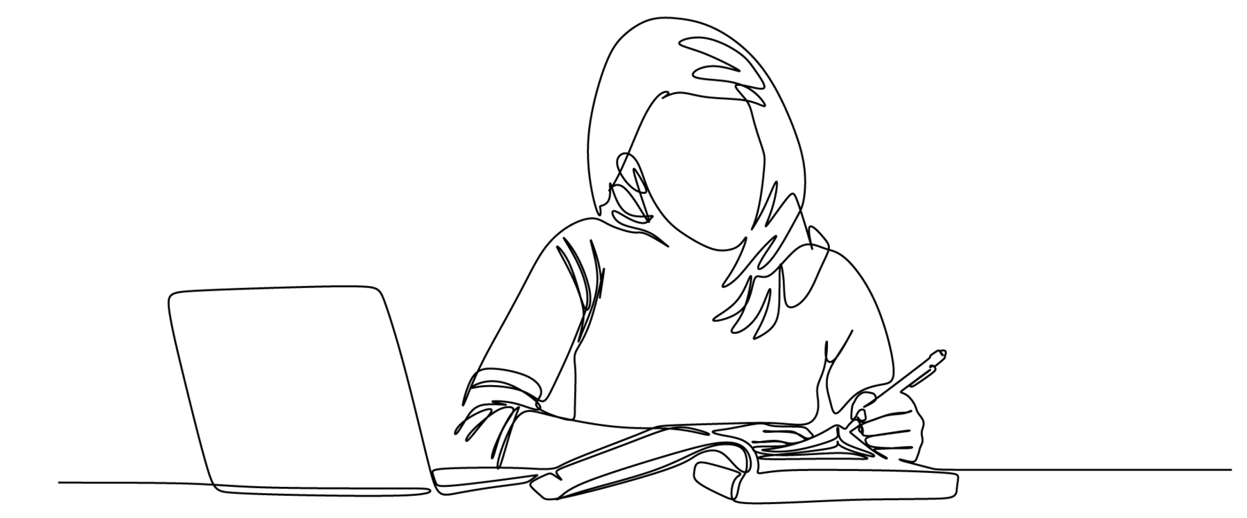 Ilustração. Desenho feito com linha preta fina e contínua sobre fundo branco. A linha surge no canto inferior esquerdo, dá voltas e some no canto inferior direito, formando a imagem de uma mulher sentada em uma mesa escrevendo em um caderno e com um notebook aberto ao seu lado.