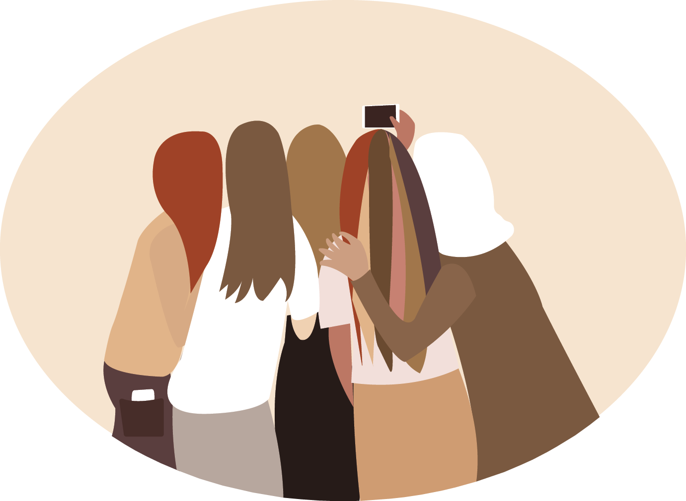 Ilustração. Em fundo bege com formato oval, cinco mulheres estão de costas, abraçadas e uma delas segura um celular esticado à frente dos rostos para tirar selfie. Elas vestem roupas em tons de preto, branco, bege e marrom.