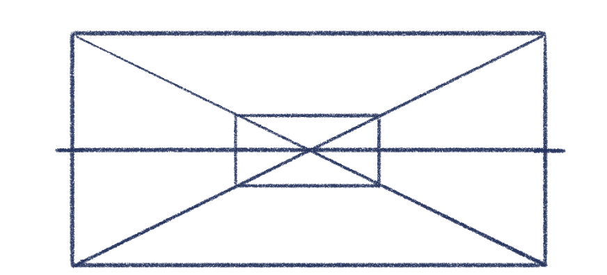 Ilustração. Um retângulo e, sobre ele, uma linha horizontal ao centro. Dentro do retângulo, há um outro menor. Duas linhas diagonais cruzando-se no centro dos retângulos.