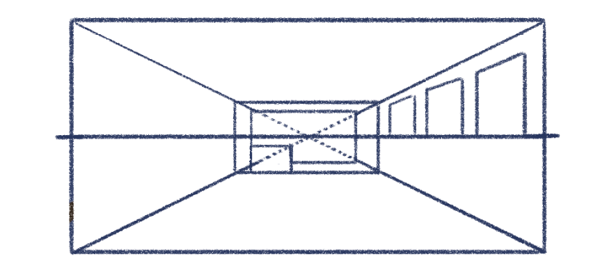 Ilustração. Um retângulo e, sobre ele, uma linha horizontal ao centro. Dentro do retângulo, há dois outros  menores. Duas linhas diagonais cruzando-se no centro dos retângulos. Na parte superior direita, dentro das linhas reta e diagonal, há três quadrados enfileirados que ficam gradativamente menores de fora para dentro.