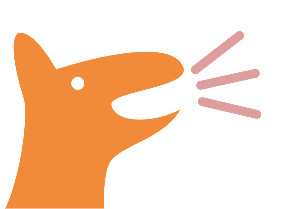 Ilustração. Silhueta em laranja de um cachorro com a boca aberta. Dela, partem três linhas retas curtas.