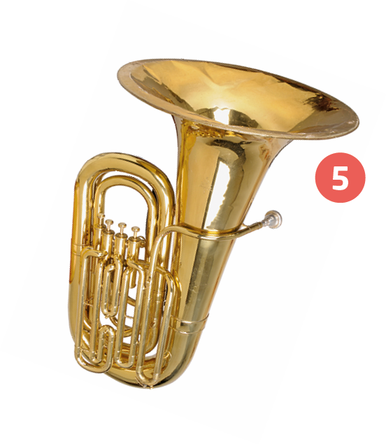 Fotografia número 5. Instrumento que apresenta corpo metálico dourado com parte ovalar onde estão as chaves e parte paralela com uma grossa estrutura cônica com abertura circular.