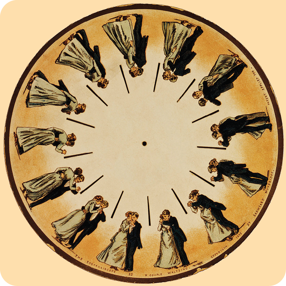 Fenaquistoscópio. Ilustração. Um círculo dentro do qual há treze riscos que delimitam a reprodução de um casal que usa trajes formais de gala e dançam juntos. A cada reprodução, eles estão em um movimento do passo.