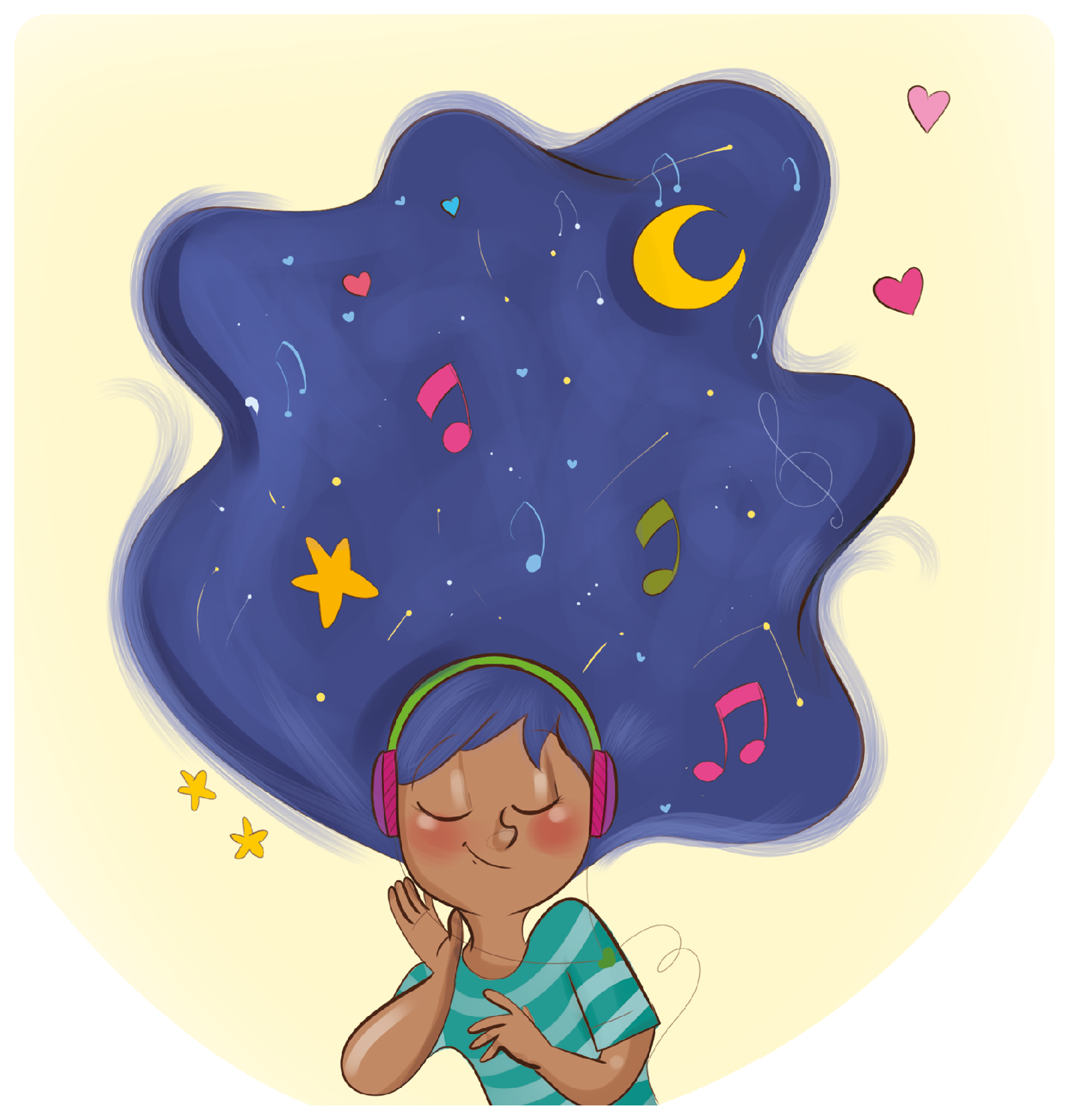Ilustração. Uma criança vestindo blusa azul listrada está de headphones e com os olhos fechados. Atrás dela, uma forma de nuvem azul escura com alguns elementos dentro, como lua, estrelas e notas musicais.