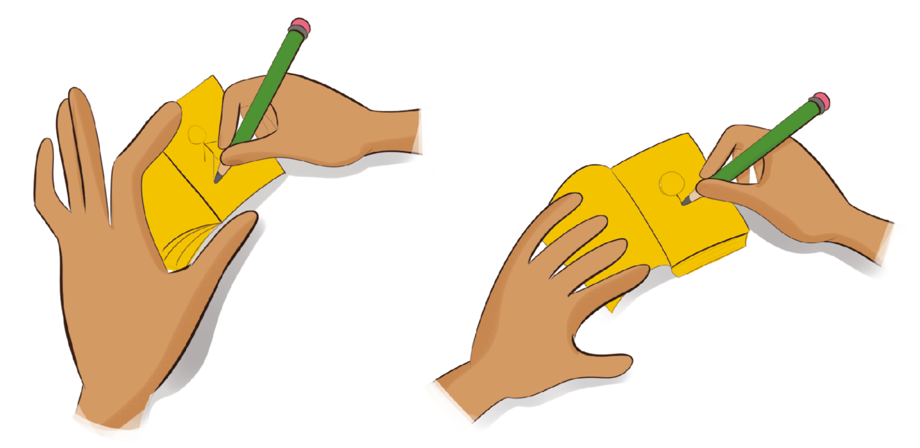 Ilustração. Destaque das mãos de uma pessoa que faz um desenho a lápis no interior de um conjunto de folhas amarelas. O desenho é a silhueta da cabeça e do pescoço de uma pessoa
