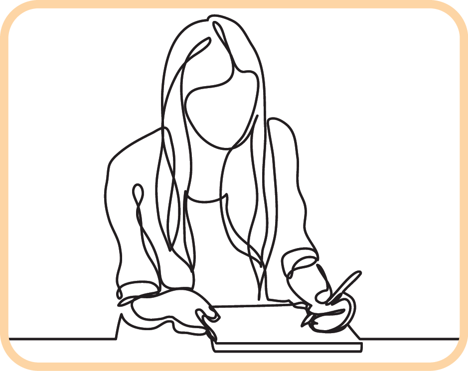 Ilustração em preto e branco. Em linha preta fina contínua, contorno de uma pessoa de cabelo longo que segura um lápis sobre uma folha branca.